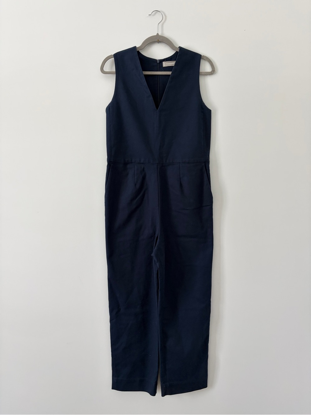 Everlane The Structured Cotton Sleeveless V Neck Straight Wide Leg Jumpsuit Blue